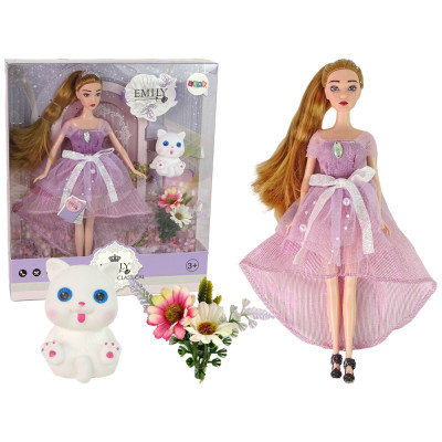 Bábika Emily v ružových šatách s mačiatkom a kvietkami