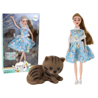 Bábika Emily v modrých šatách s mačiatkom