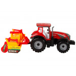 Červený traktor s oranžovým kultivátorom