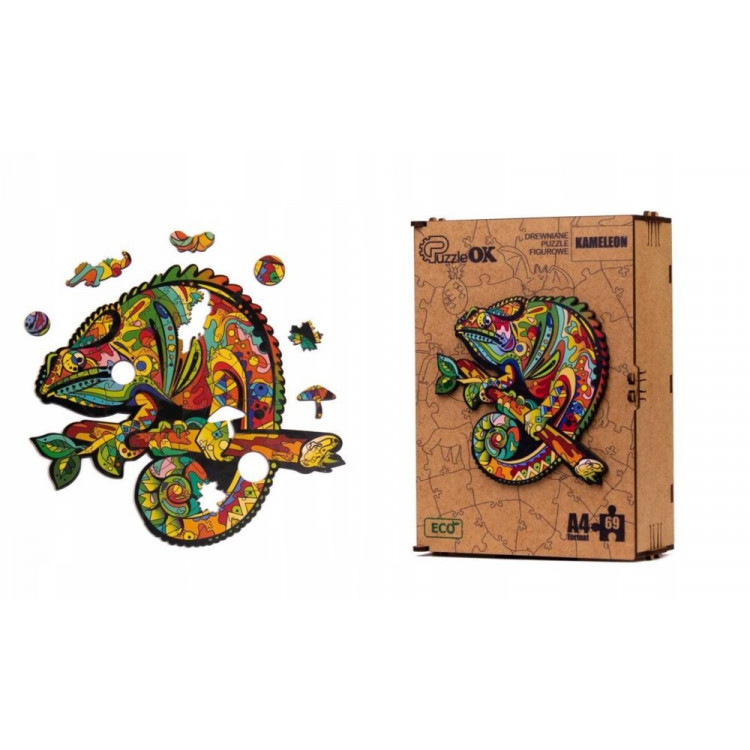 Drevené EKO Puzzle – Chameleón A4, 69 dielikov