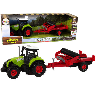 Traktor s červeným prívesom