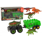 Zelené vozidlo s prívesom a motívom Dinosaura - 4 kusy dinosaura