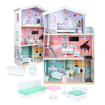 Drevený domček pre bábiky + nábytok pastel 117cm