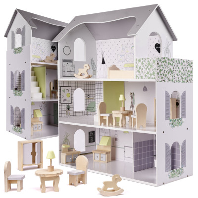 Drevený domček pre bábiky + nábytok 70cm sivý