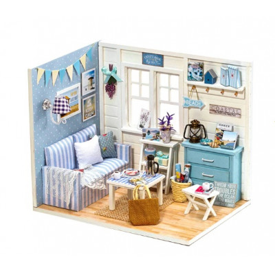 Drevený domček pre bábiky obývacia izba LED DIY model 3016
