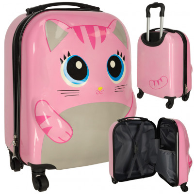 Detský cestovný kufor na kolieskach – ružová mačka