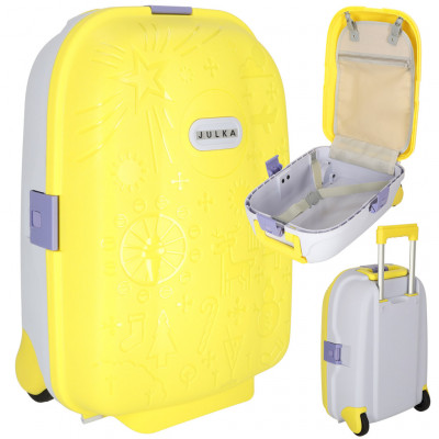 Detský cestovný kufor na kolieskach s menovkou – žltý