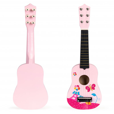 Detská drevená gitara, kovové struny, ružové trsátko ECOTOYS