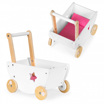 Detský drevený kočík pre bábiky 2v1 - ružový