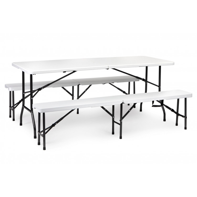 Záhradný stôl 180cm + 2 lavice, biela banketová súprava