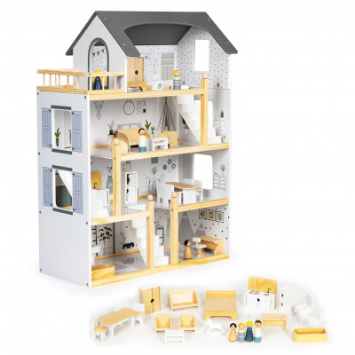 Drevený domček pre bábiky sivý -18 kusov dreveného nábytku