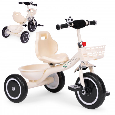 Trojkolesový bicykel s protišmykovými rukoväťami, zvončekom a košíkom, béžový, ECOTOYS