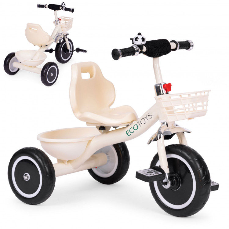 Trojkolesový bicykel s protišmykovými rukoväťami, zvončekom a košíkom, béžový, ECOTOYS Trojkolesový bicykel s protišmykovými rukoväťami, zvončekom a košíkom, béžový, ECOTOYS