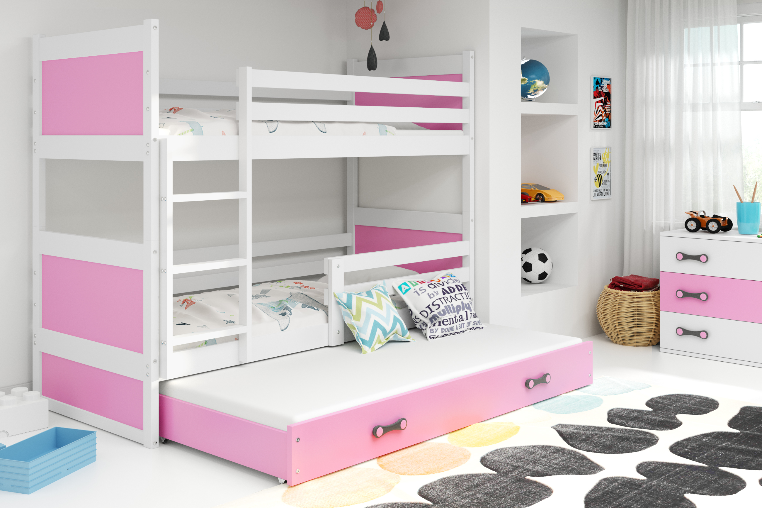 Interbeds Poschodová posteľ Rico 3 trojmiestna biela 200cm x 90cm ružová