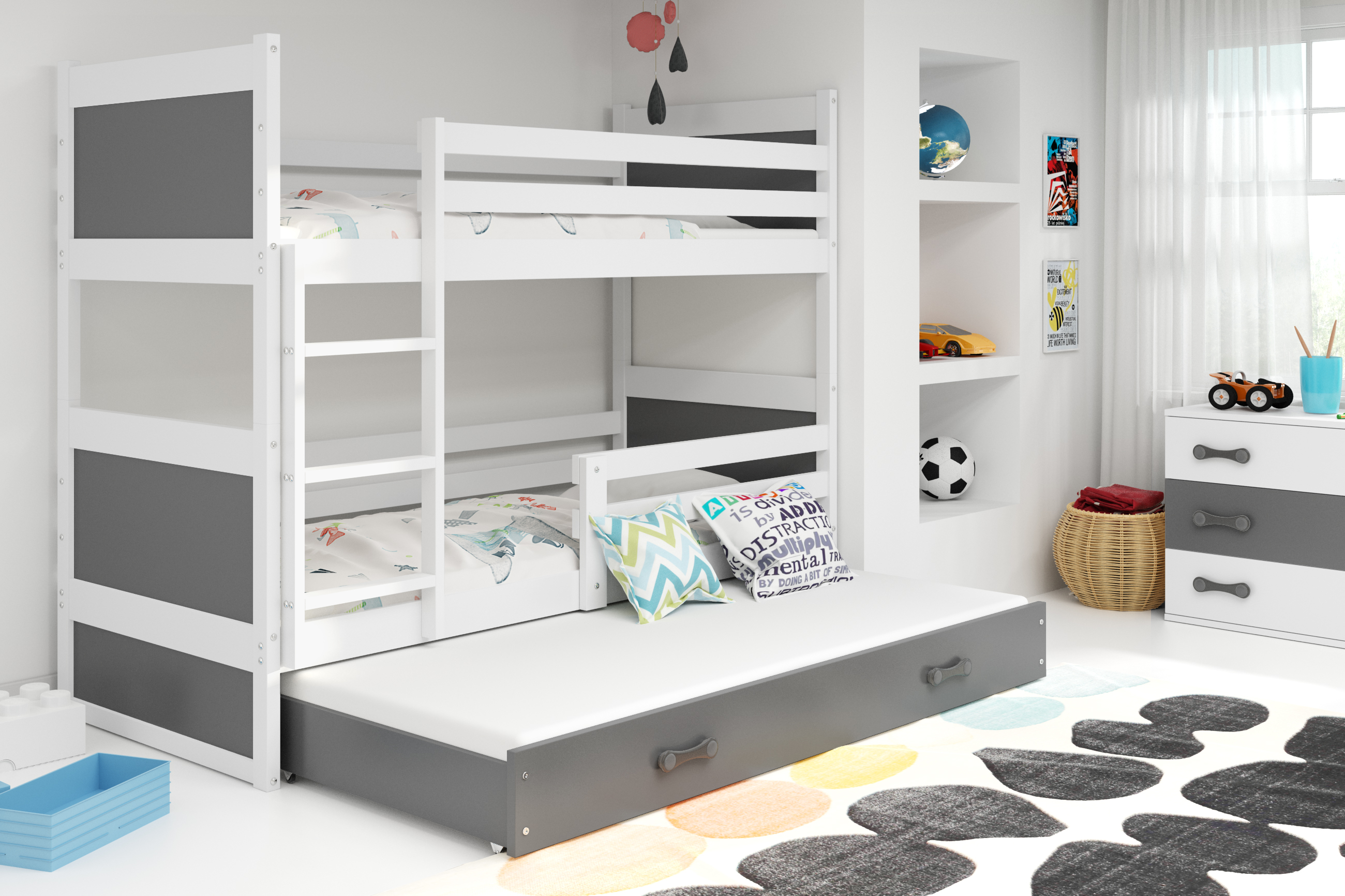 Interbeds Poschodová posteľ Rico 3 trojmiestna biela 200cm x 90cm sivá