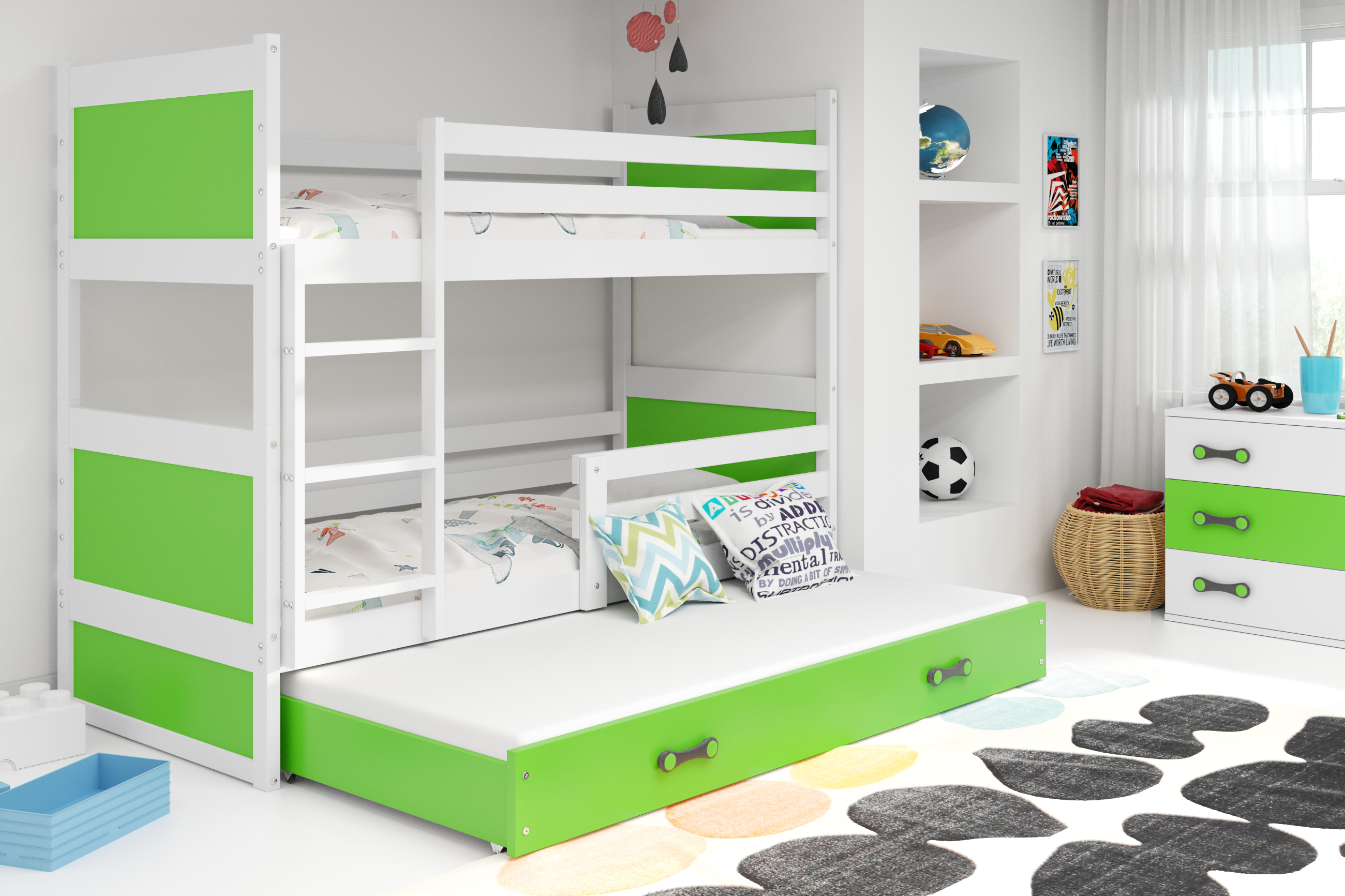 Interbeds Poschodová posteľ Rico 3 trojmiestna biela 200cm x 90cm zelená
