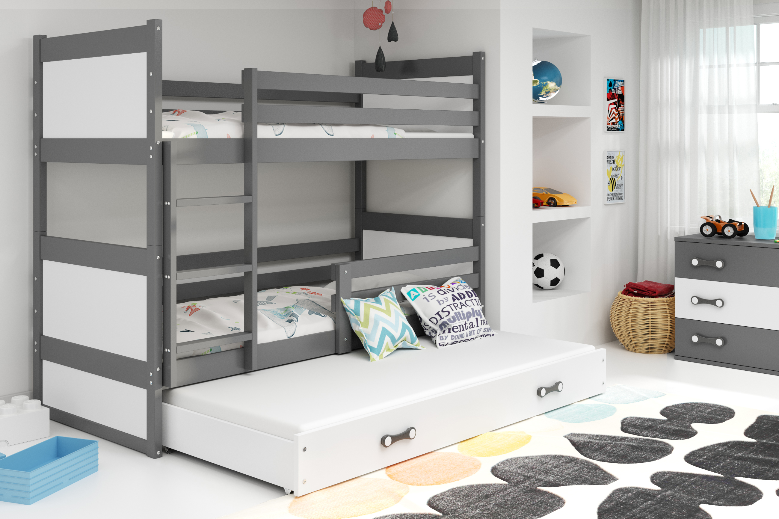 Interbeds Poschodová posteľ Rico 3 trojmiestna grafit 200cm x 90cm biela