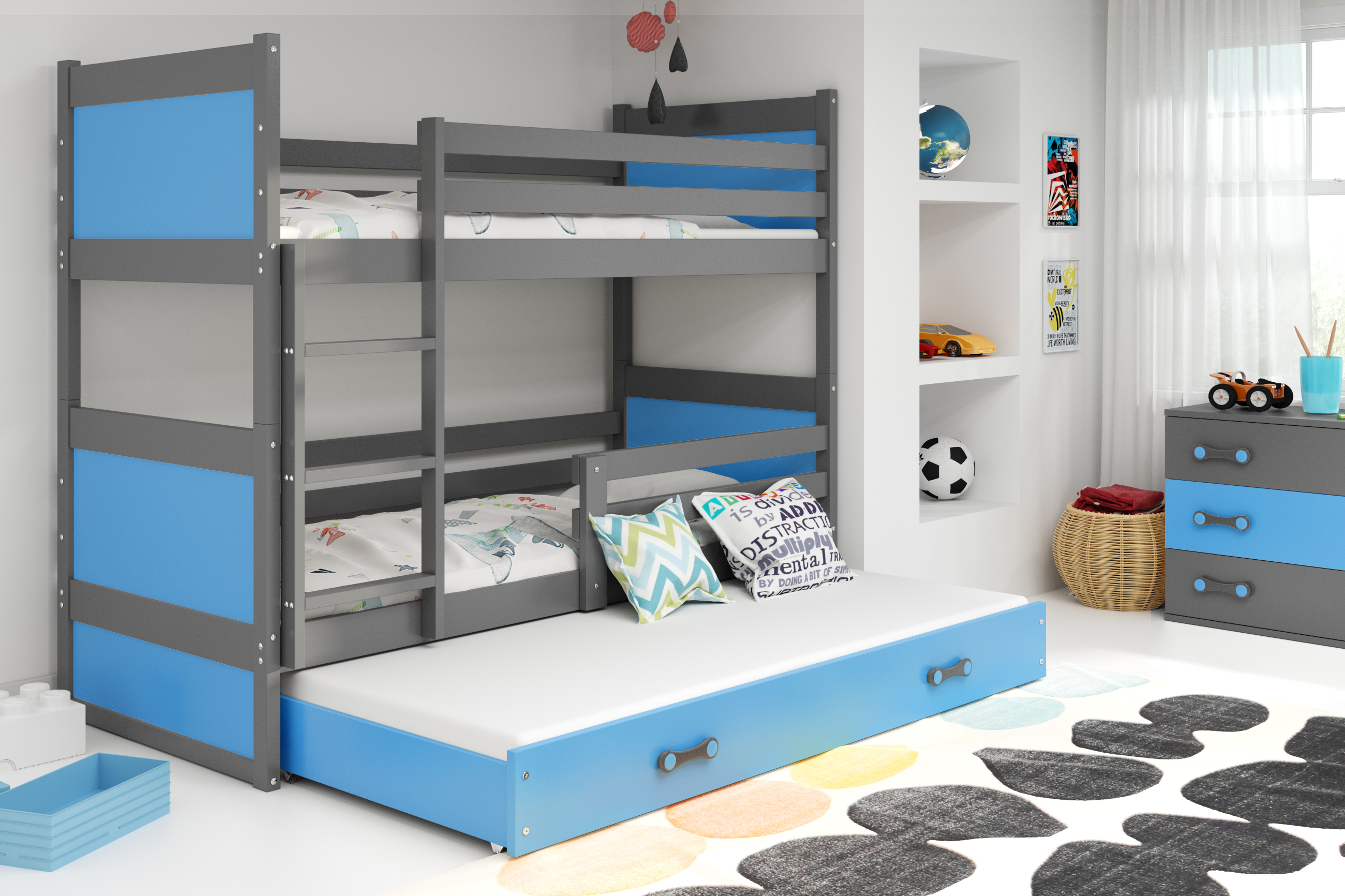 Interbeds Poschodová posteľ Rico 3 trojmiestna grafit 200cm x 90cm modrá
