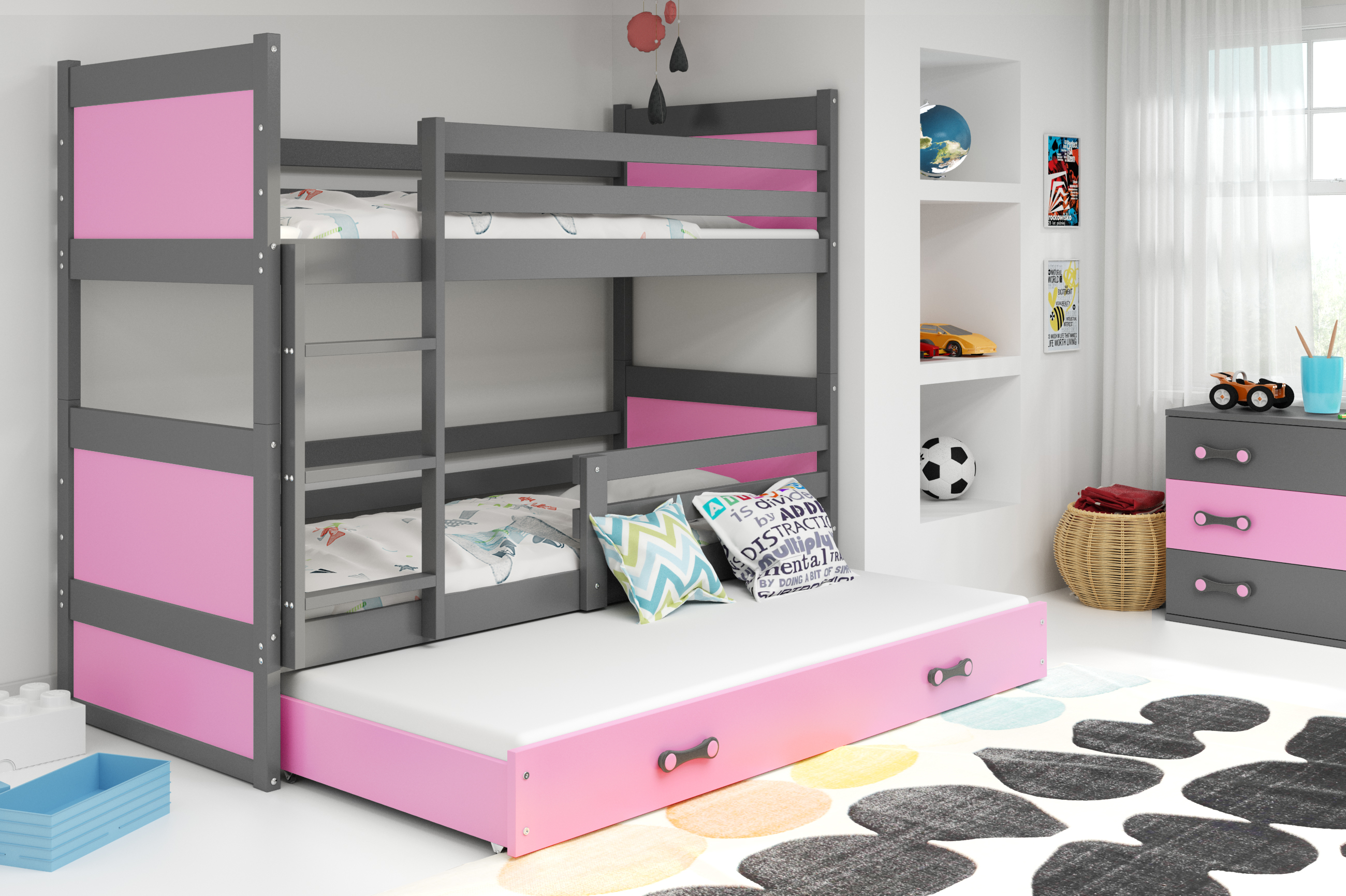 Interbeds Poschodová posteľ Rico 3 trojmiestna grafit 200cm x 90cm ružová