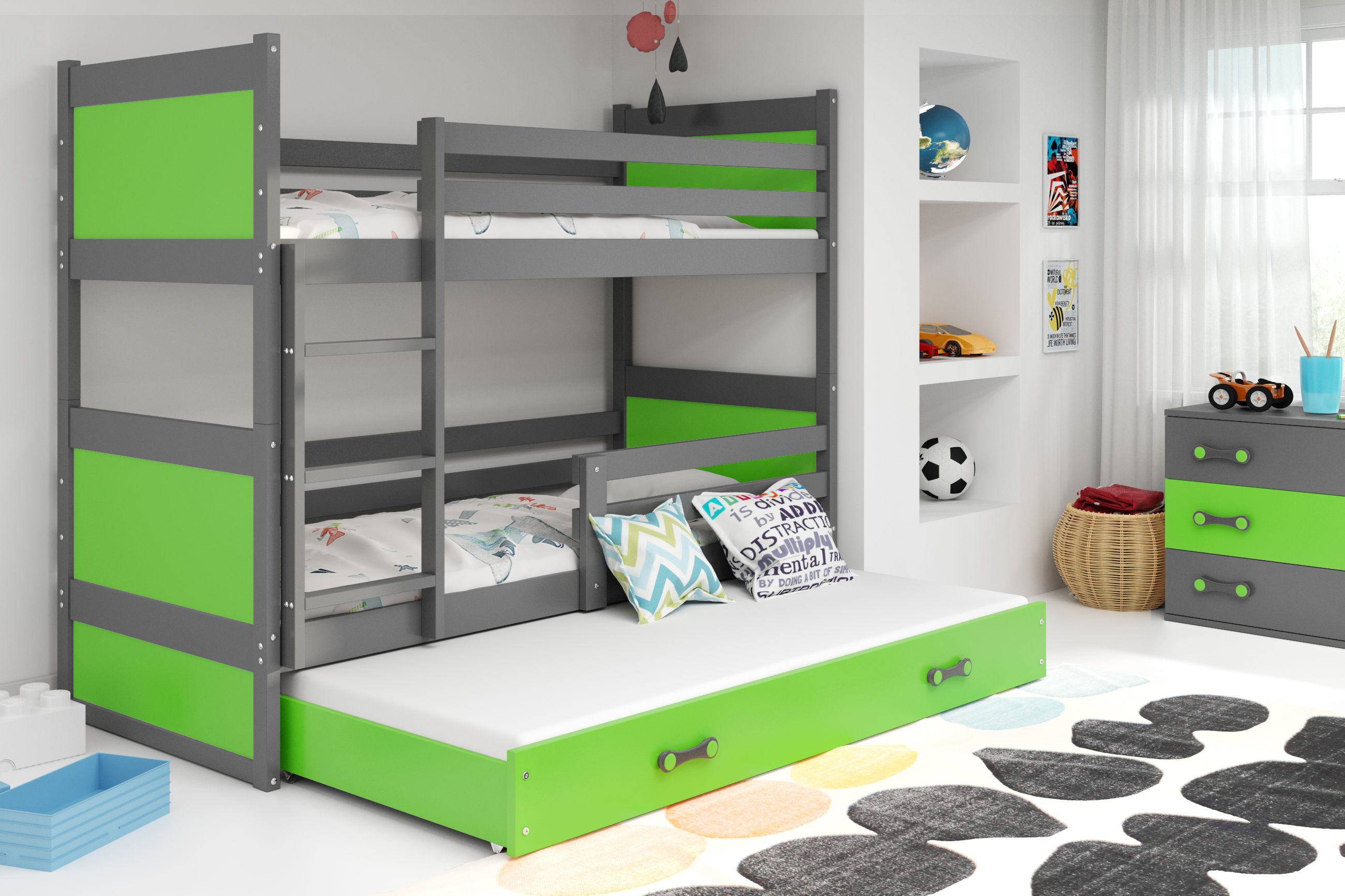 Interbeds Poschodová posteľ Rico 3 trojmiestna grafit 200cm x 90cm zelená