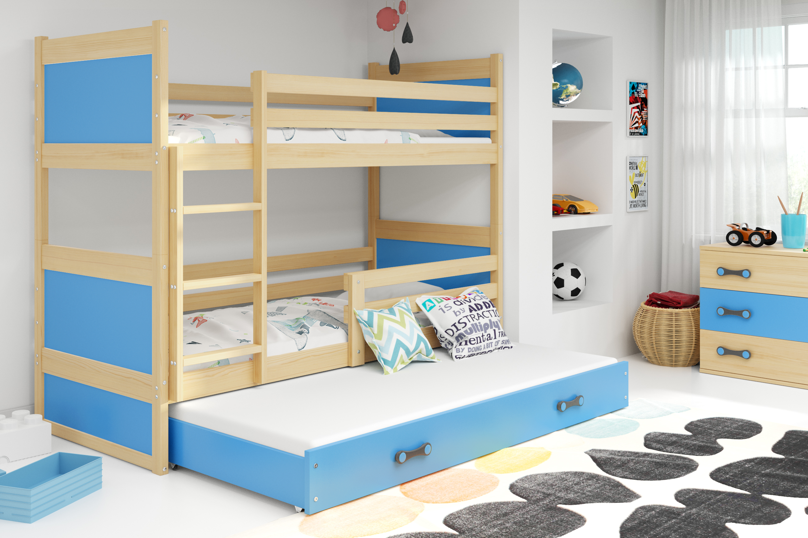 Interbeds Poschodová posteľ Rico 3 trojmiestna borovica 200cm x 90cm modrá