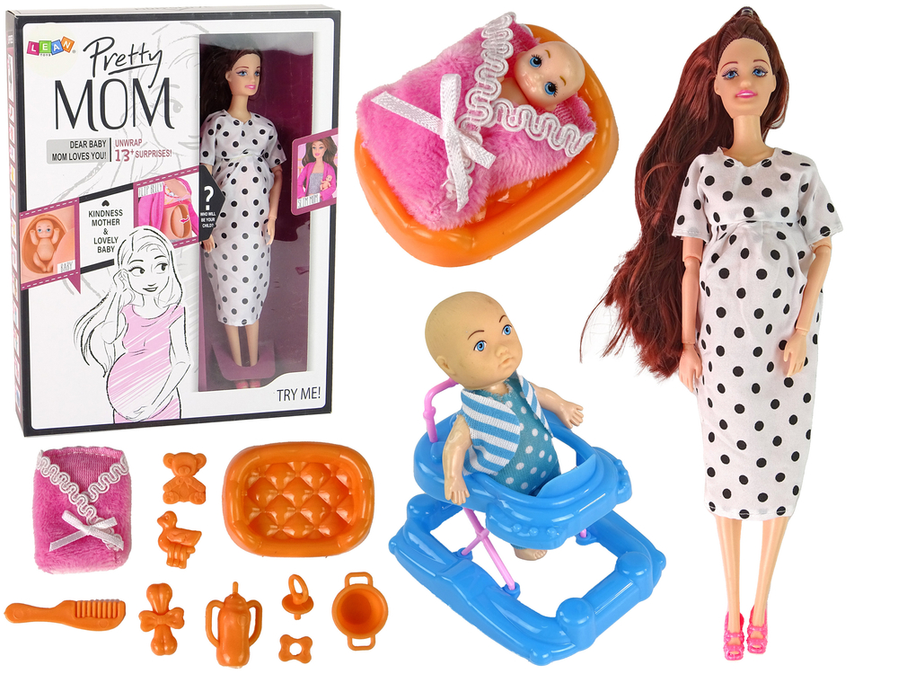 Lean Toys Tehotná bábika s dieťatkom v chodáku - doplnky