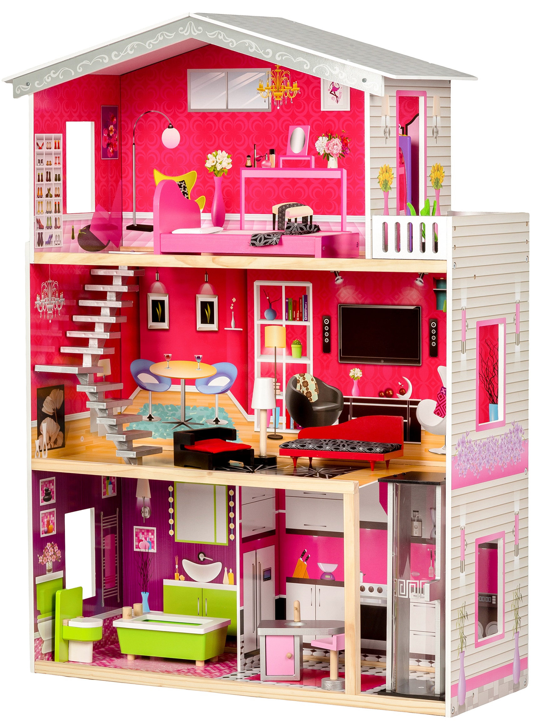 EcoToys Veľký drevený domček pre bábiky s výťahom - Malibu Residence