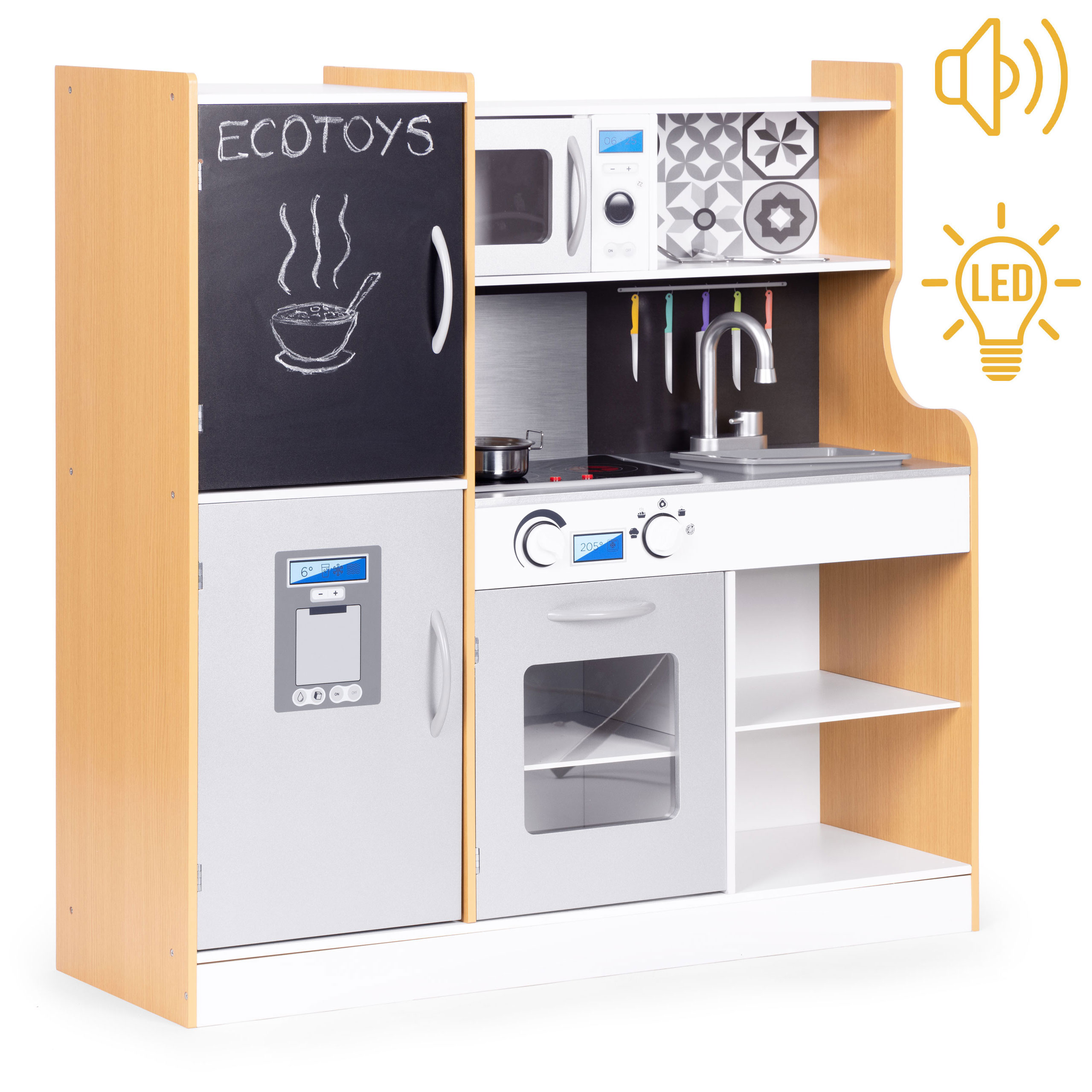EcoToys Detská kuchynka so zvukom a LED tabuľou kovové MDF doplnky +3 roky